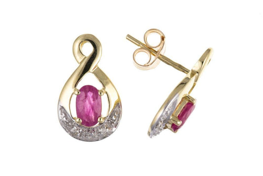 Yellow gold real red ruby and diamond stud earrings, in a swirl design