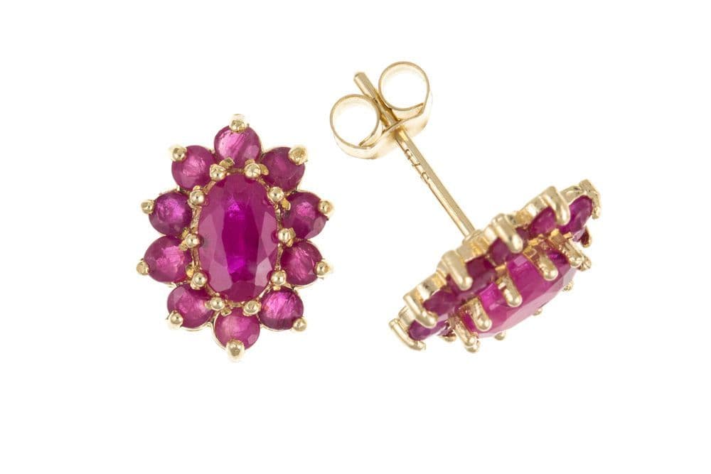 Yellow gold real red ruby cluster stud earrings, made in 8 carat yellow gold with a central oval cut ruby stone and ten round cut ruby stones