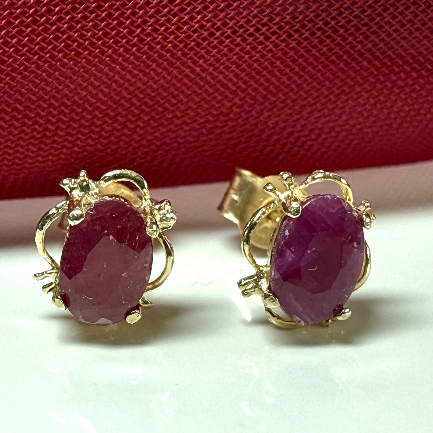 Yellow Gold Pierced Oval Ruby Stud Earrings
