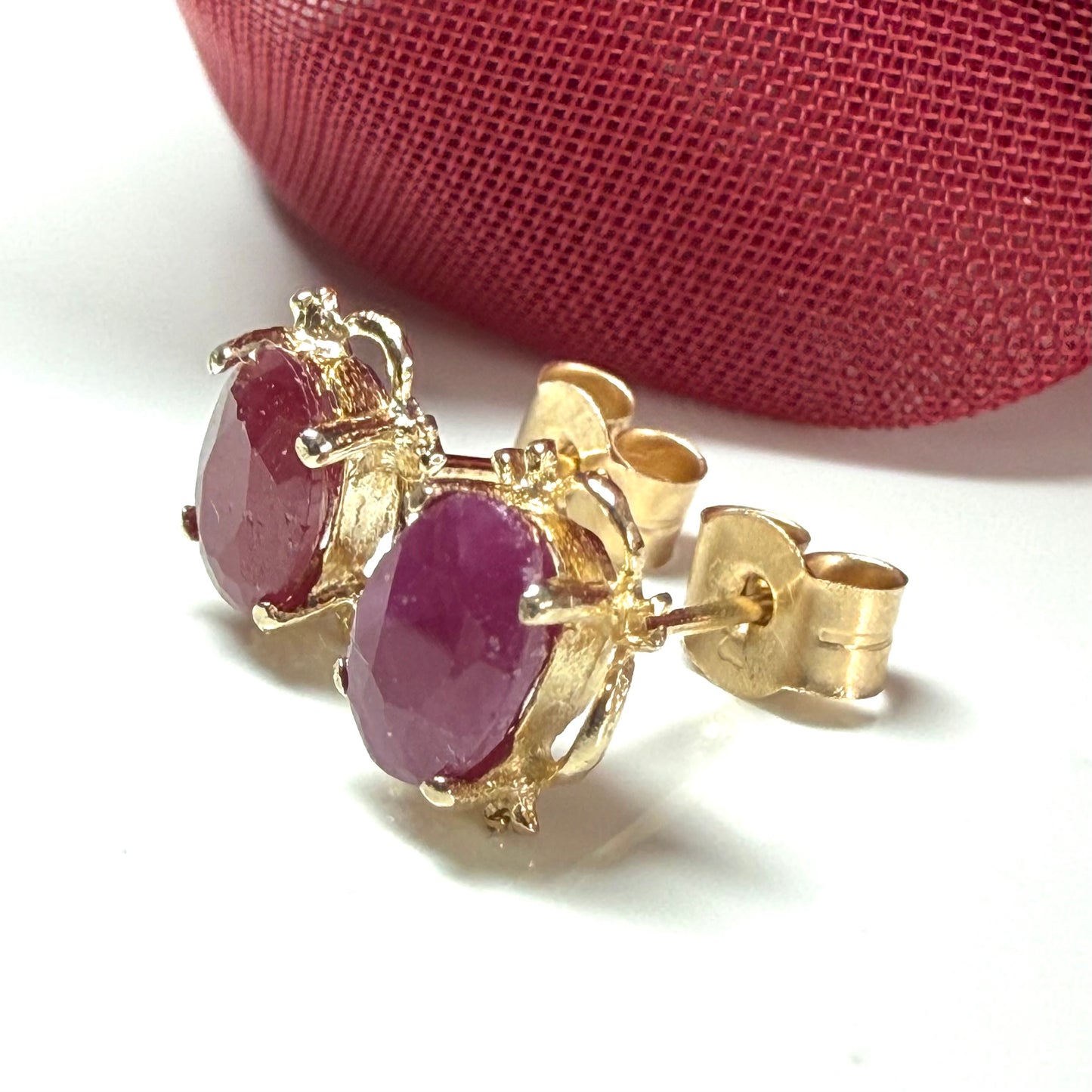 Yellow Gold Pierced Oval Ruby Stud Earrings