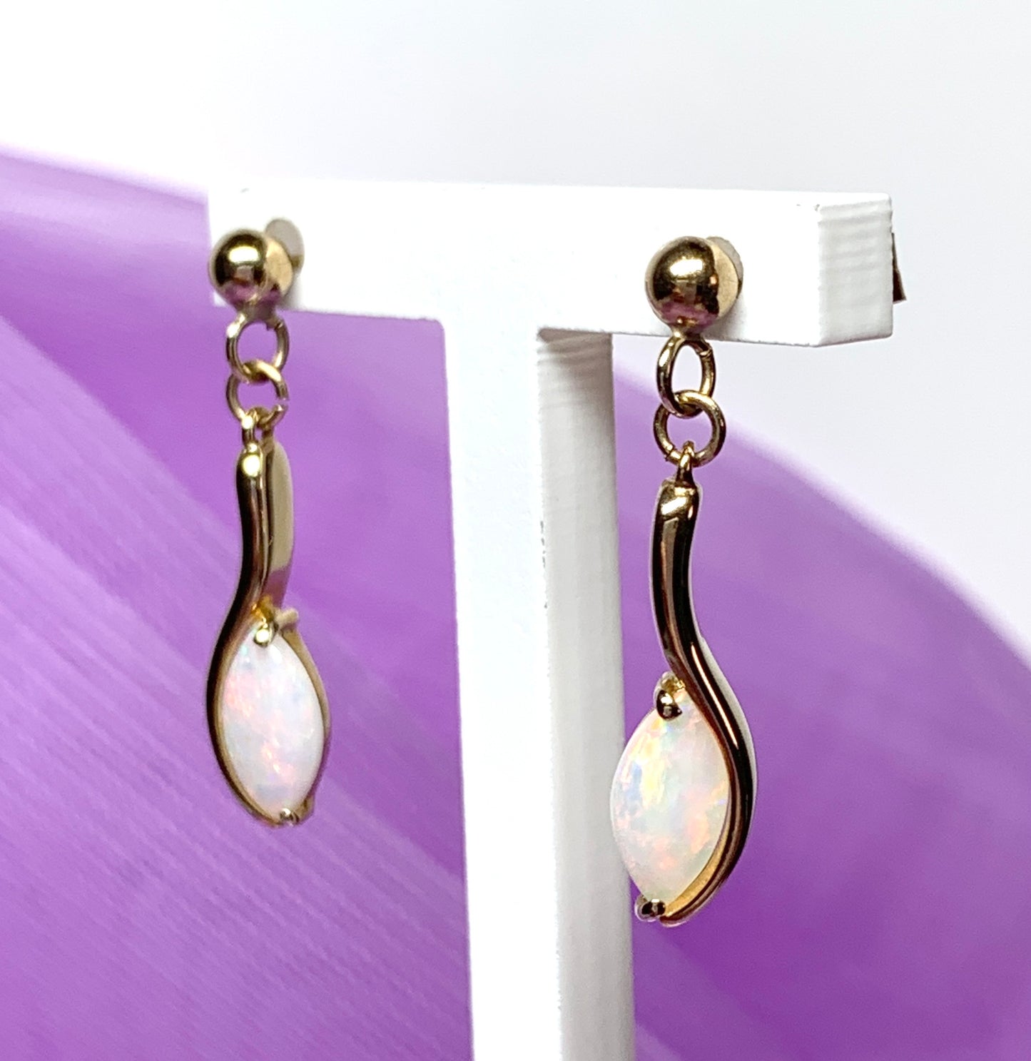 Yellow gold real opal marquise drop earrings