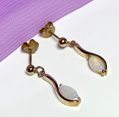 Yellow gold real opal marquise drop earrings