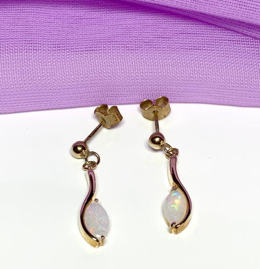 Yellow gold real opal marquise drop earrings