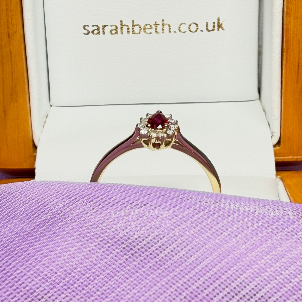 Yellow gold real ruby and real diamond pear teardrop shaped small cluster ring