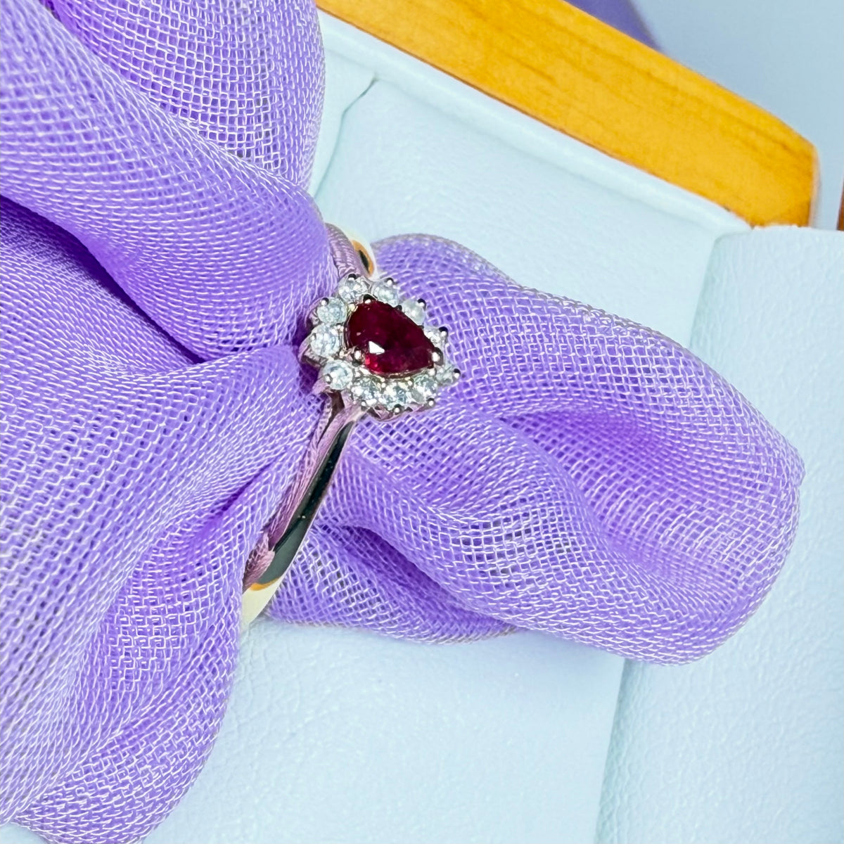 Yellow gold real ruby and real diamond pear teardrop shaped small cluster ring