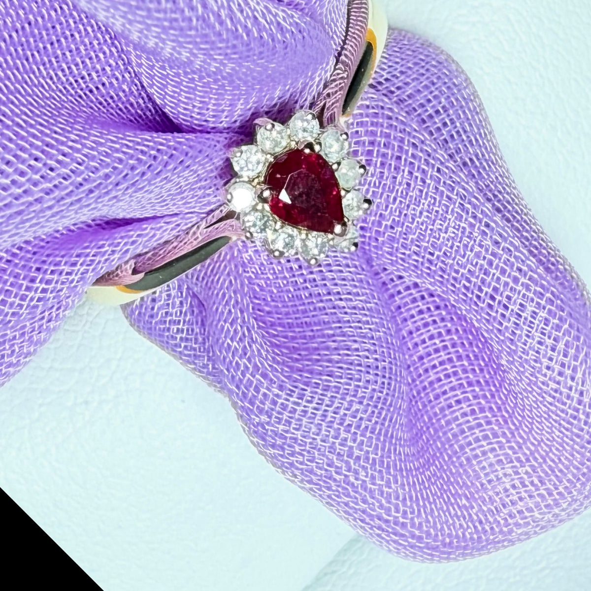 Yellow gold real ruby and real diamond pear teardrop shaped small cluster ring