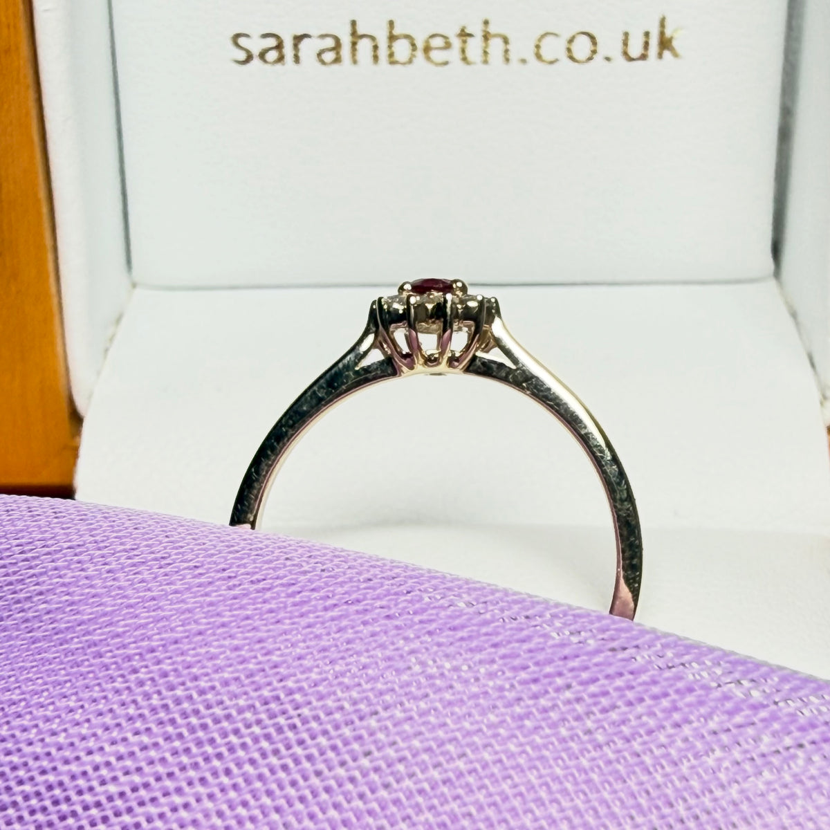 Yellow gold real ruby and real diamond pear teardrop shaped small cluster ring