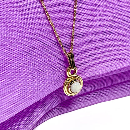 Yellow gold round real opal necklace double circle pendant