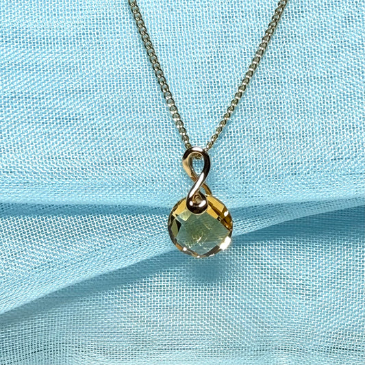 Yellow real citrine yellow gold necklace faceted round designed pendant