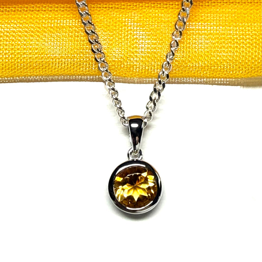 Yellow real round citrine necklace sterling silver pendant, simply gorgeous smooth rubbed over setting