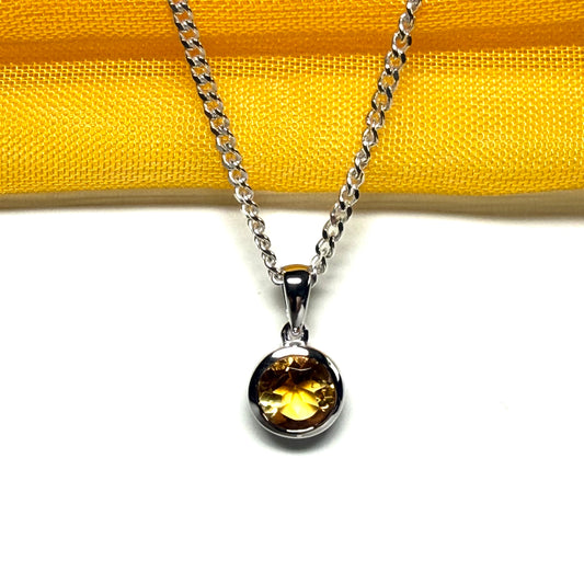 Yellow real round citrine necklace sterling silver pendant, simply gorgeous smooth rubbed over setting