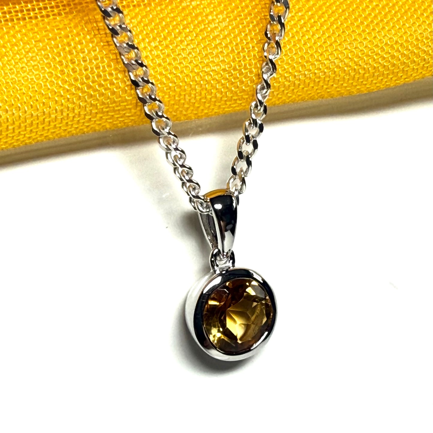 Yellow real round citrine necklace sterling silver pendant, simply gorgeous smooth rubbed over setting
