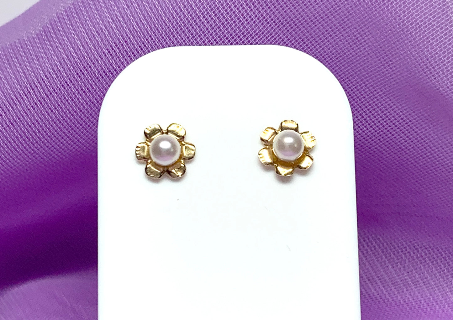 Yellow gold fancy cultured pearl stud flower petal earrings