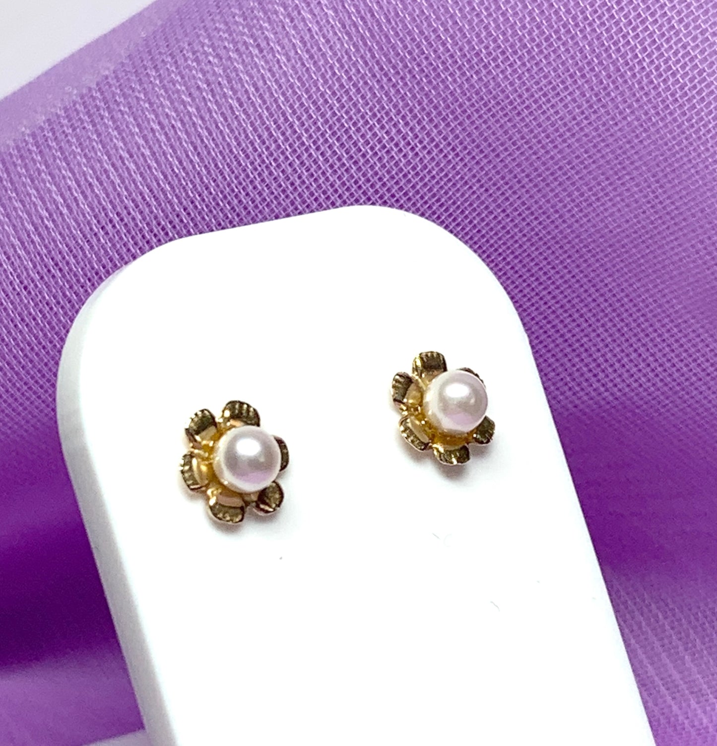 Yellow gold fancy cultured pearl stud flower petal earrings