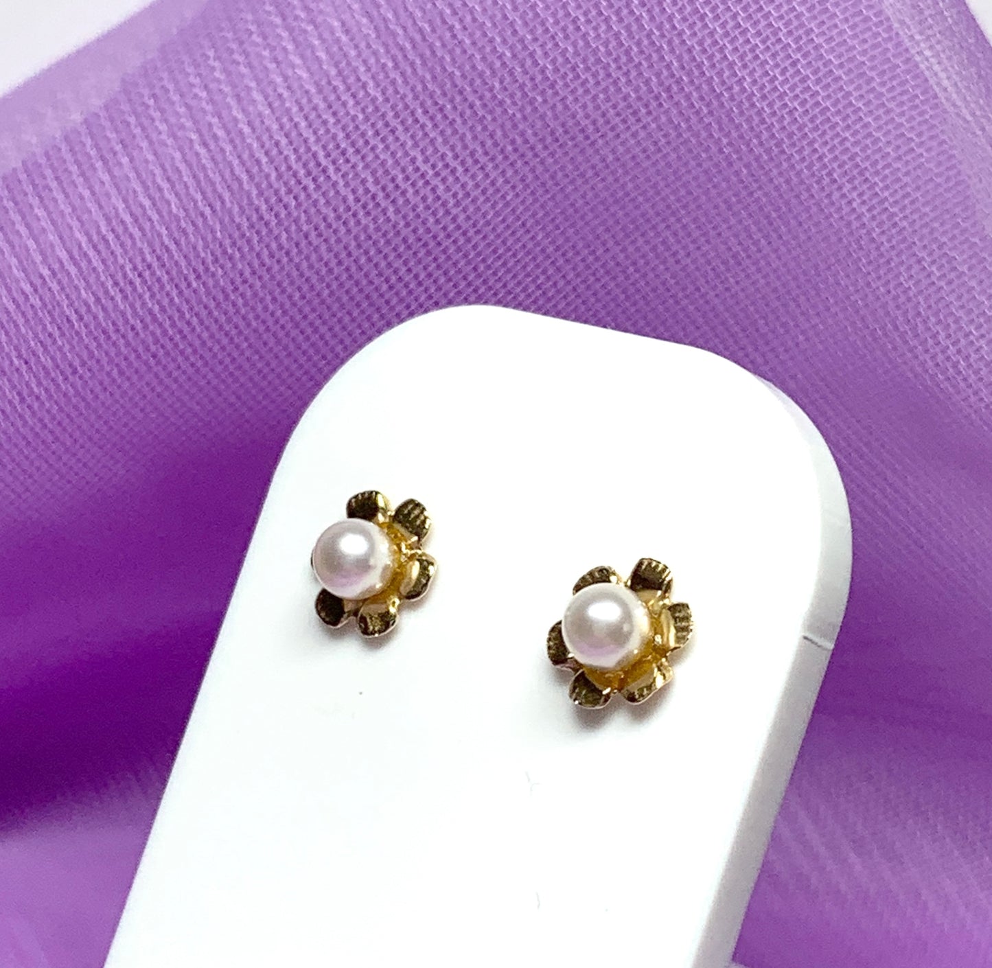 Yellow gold fancy cultured pearl stud flower petal earrings