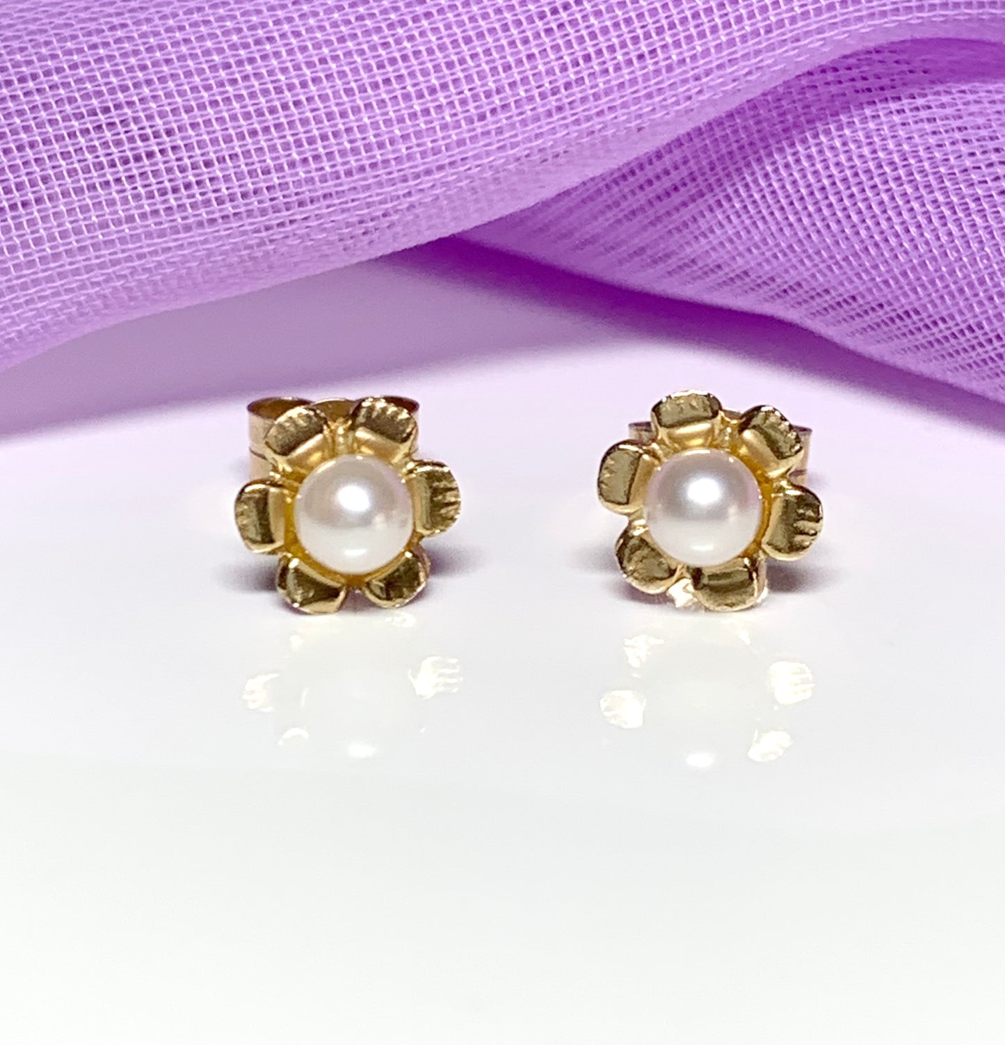 Yellow gold fancy cultured pearl stud flower petal earrings