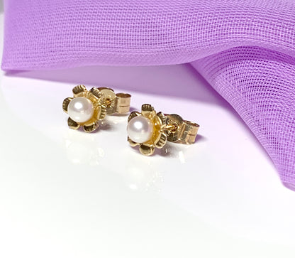 Yellow gold fancy cultured pearl stud flower petal earrings