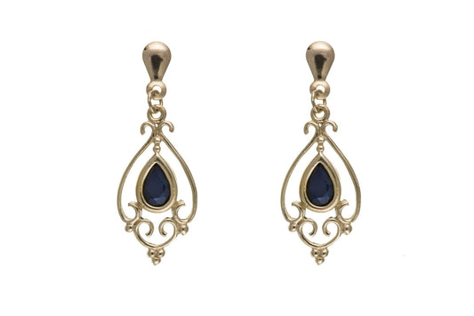 Yellow gold fancy pear shaped blue sapphire drop earrings