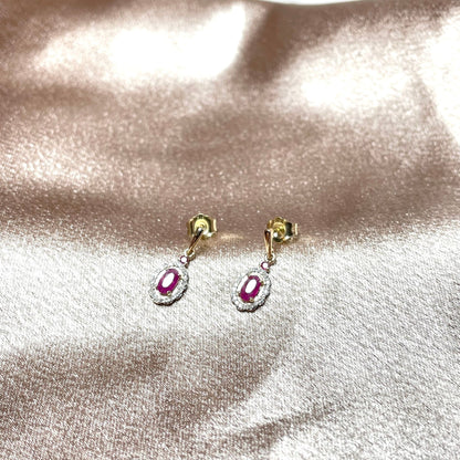 Yellow gold red oval ruby and diamond drop earrings