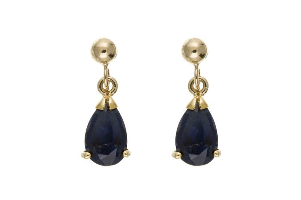 Yellow gold pear shaped blue sapphire drop earrings
