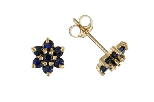Yellow gold round blue sapphire cluster stud earrings