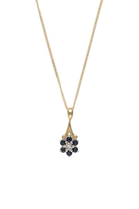 Yellow gold round shaped cluster blue sapphire and diamond necklace