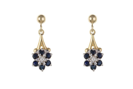 Yellow gold sapphire and diamond cluster drop earrings