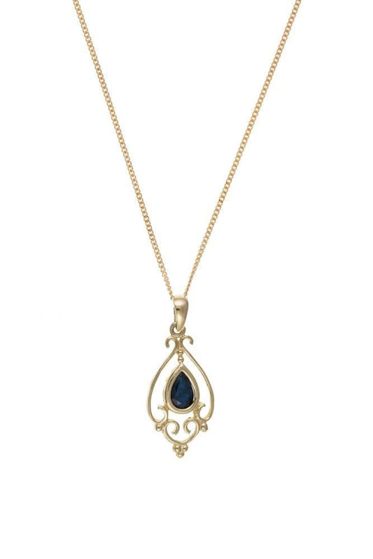Yellow gold sapphire pear shaped fancy patterned necklace pendant