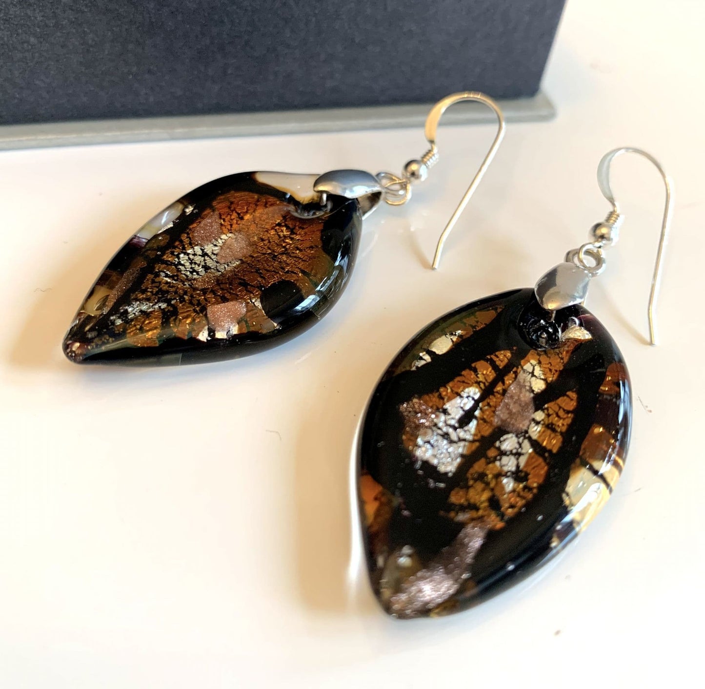 Amber Brown Murano Glass Leaf Earrings