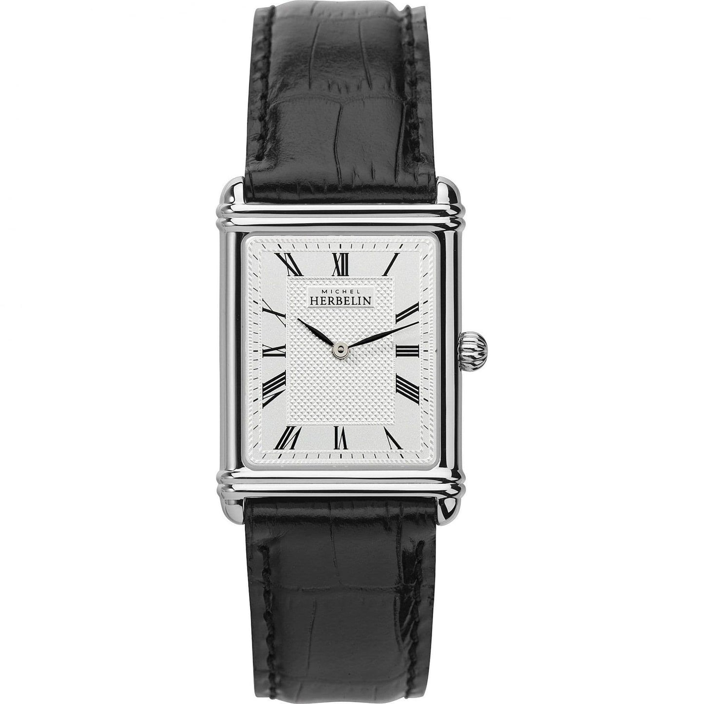 Art Deco 17468/08 Michel Herbelin Classique Mens Stainless Steel Rectangle Black Leather Strap Watch