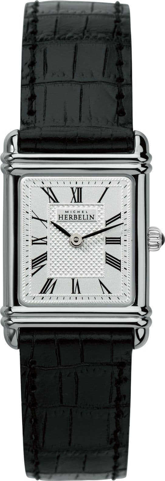 Art Deco 17478/08 Michel Herbelin Classique Ladies Steel Rectangle Black Leather Strap Watch