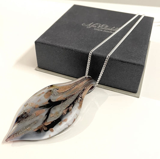 Black  Grey & Copper Tone Murano Glass Leaf Necklace