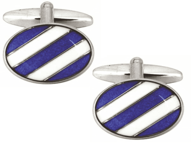 Blue and white striped oval enamel cufflinks silver plated