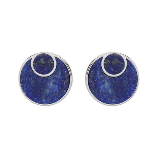 Blue lapis lazuli round double circle sterling silver stud earrings