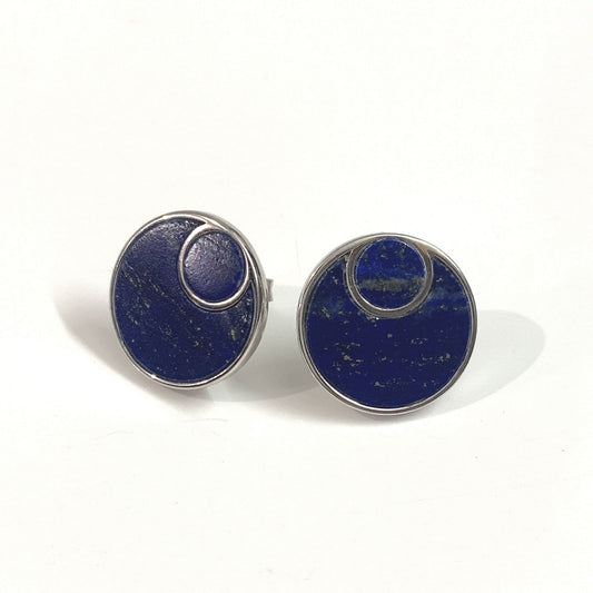 Blue lapis lazuli round double circle sterling silver stud earrings