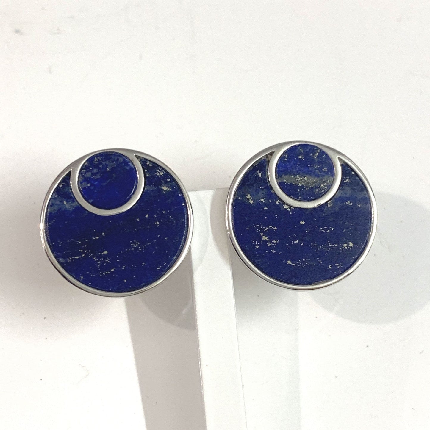 Blue lapis lazuli round double circle sterling silver stud earrings