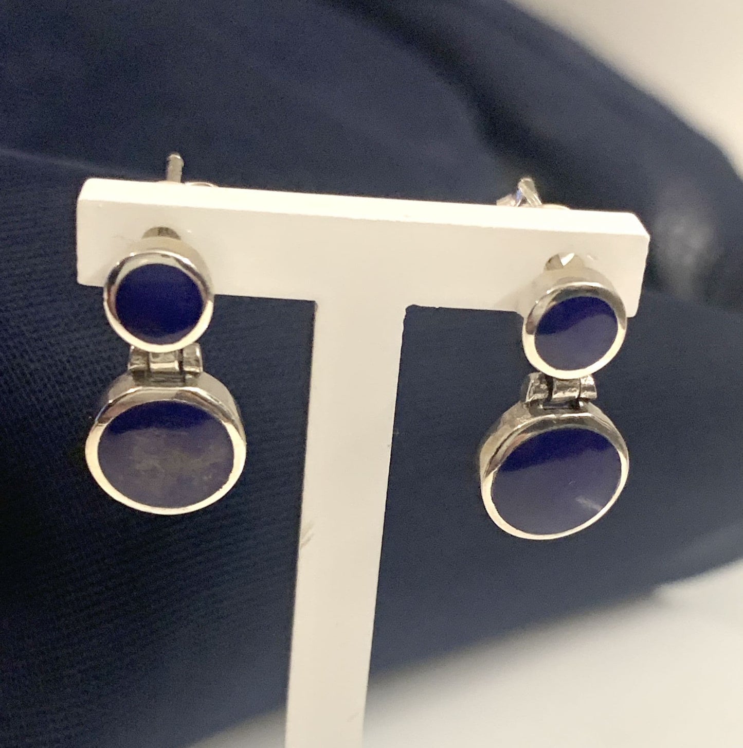 Blue lapis lazuli round sterling silver drop earrings double circle