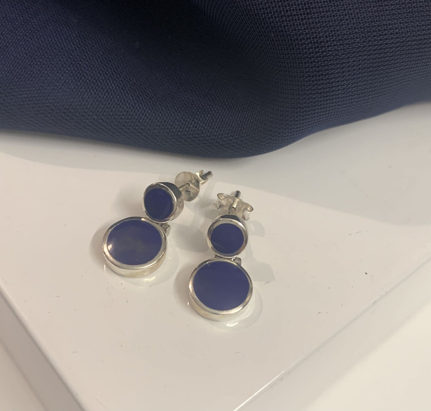 Blue lapis lazuli round sterling silver drop earrings double circle