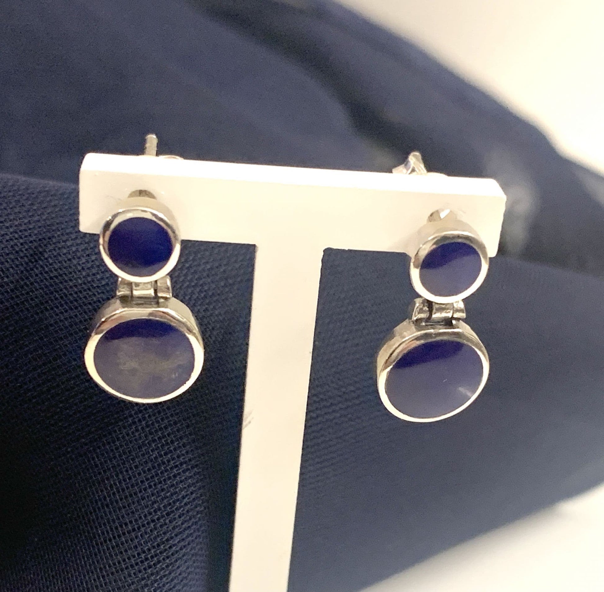 Blue lapis lazuli round sterling silver drop earrings double circle