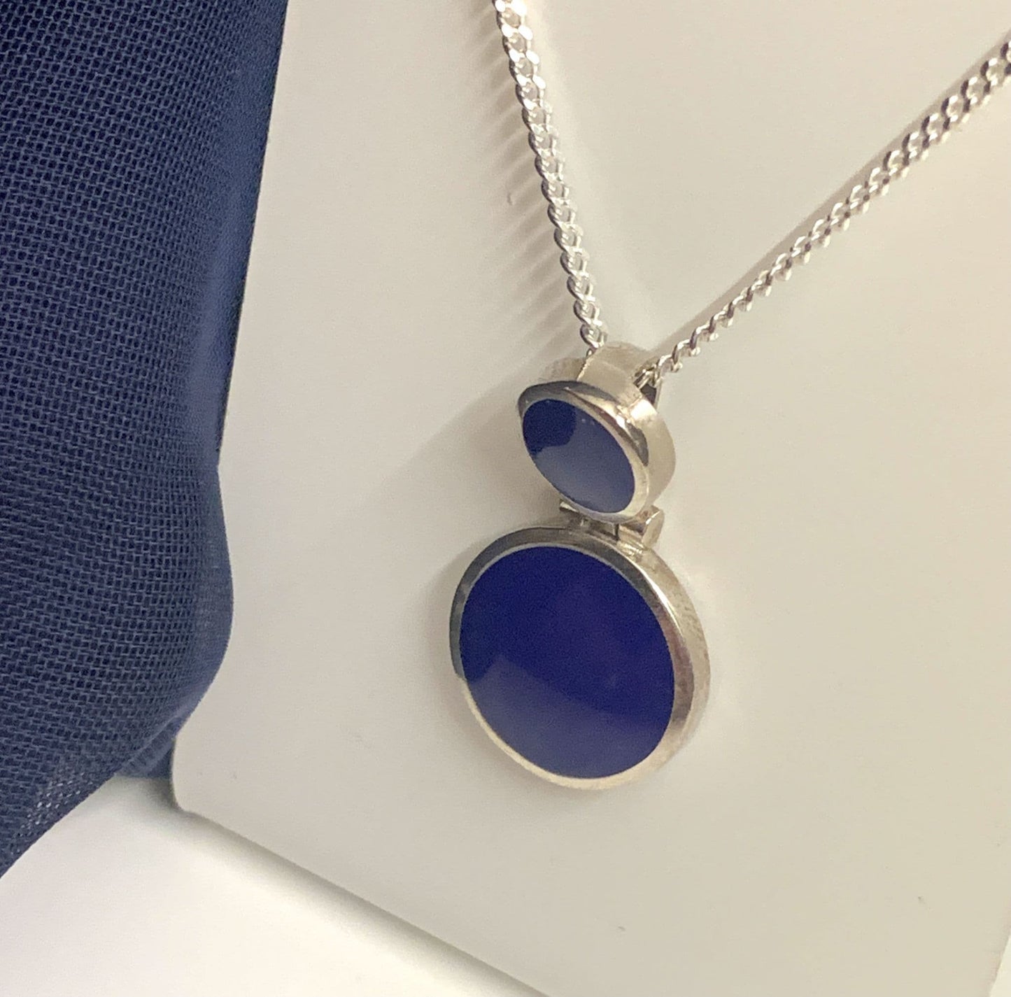 Blue lapis lazuli round sterling silver necklace double circle pendant