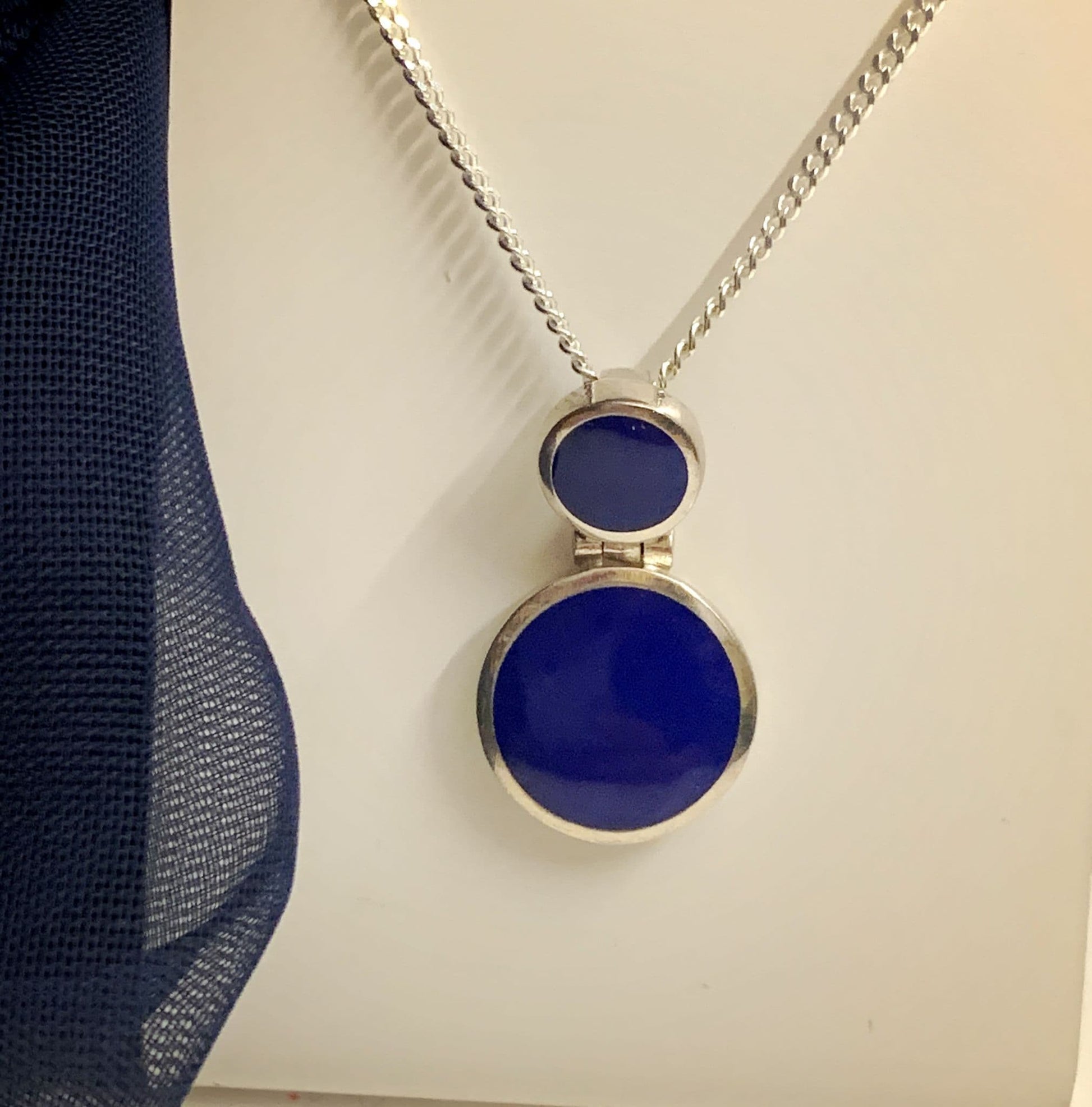 Blue lapis lazuli round sterling silver necklace double circle pendant