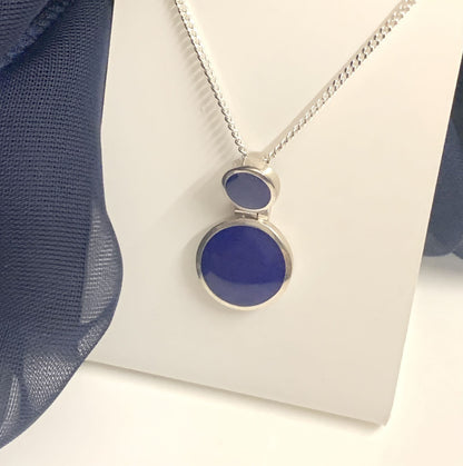 Blue lapis lazuli round sterling silver necklace double circle pendant