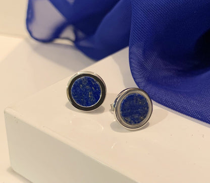 Blue lapis lazuli round sterling silver stud earrings circle