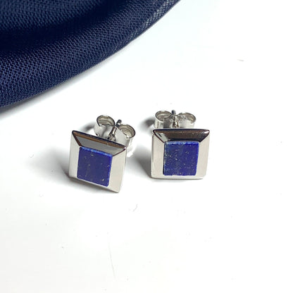 Blue Lapis Lazuli Square Sterling Silver Stud Earrings