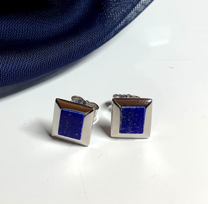 Blue Lapis Lazuli Square Sterling Silver Stud Earrings