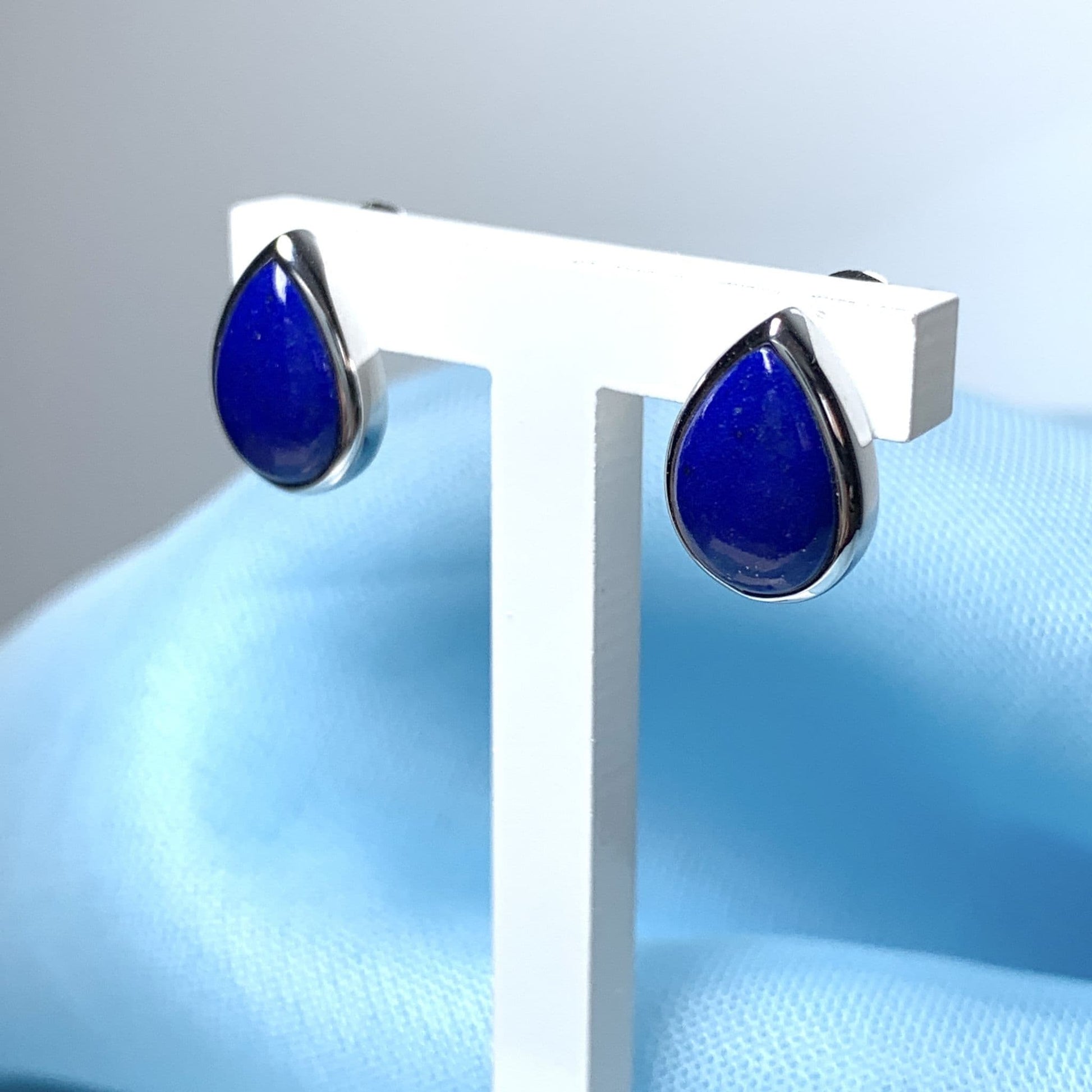 Blue lapis lazuli white gold pear teardrop stud earrings