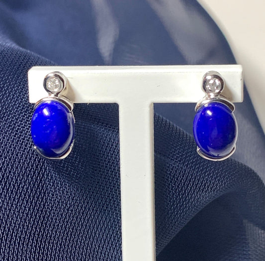 Blue Oval Lapis Lazuli And Diamond White Gold Earrings