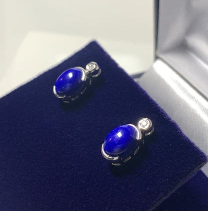 Blue Oval Lapis Lazuli And Diamond White Gold Earrings