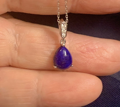 Blue pear teardrop lapis lazuli and diamond white gold necklace