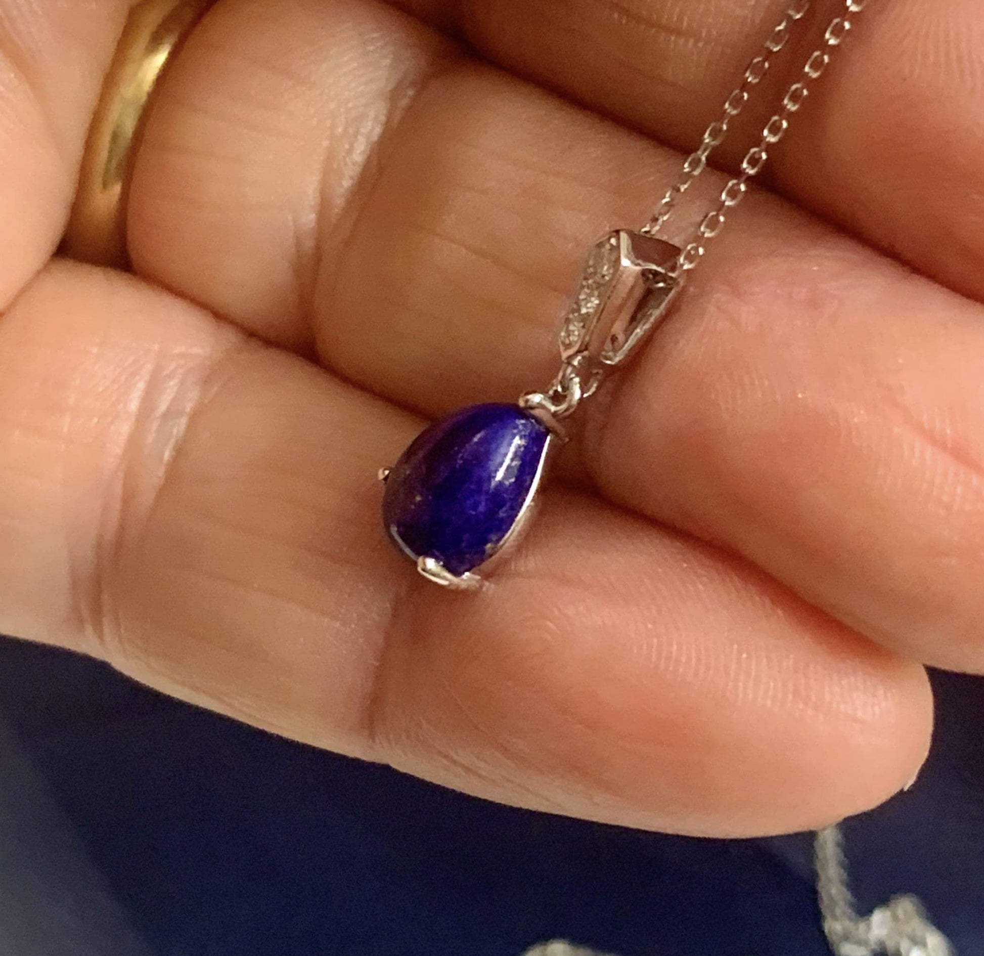 Blue pear teardrop lapis lazuli and diamond white gold necklace